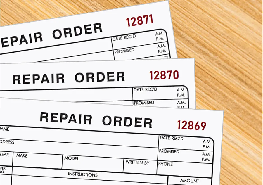 Three repair order forms with sequential ID numbers printed in red