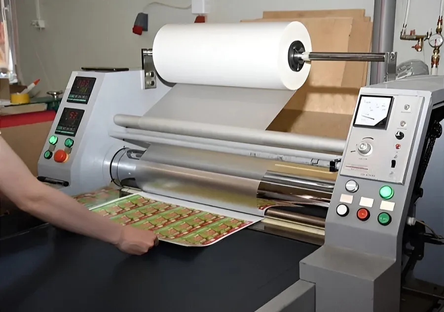 A commercial laminator applying plastic film to a printed substrate