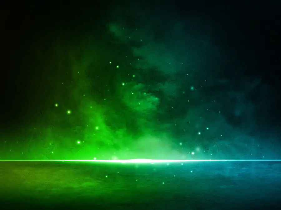 Abstract cosmic scene with glowing green and blue light on a dark starry background and reflective surface.
