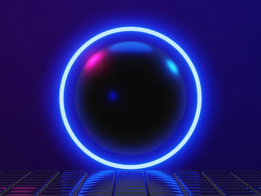 Black sphere with neon blue circular glow on a grid-patterned reflective surface against dark purple background