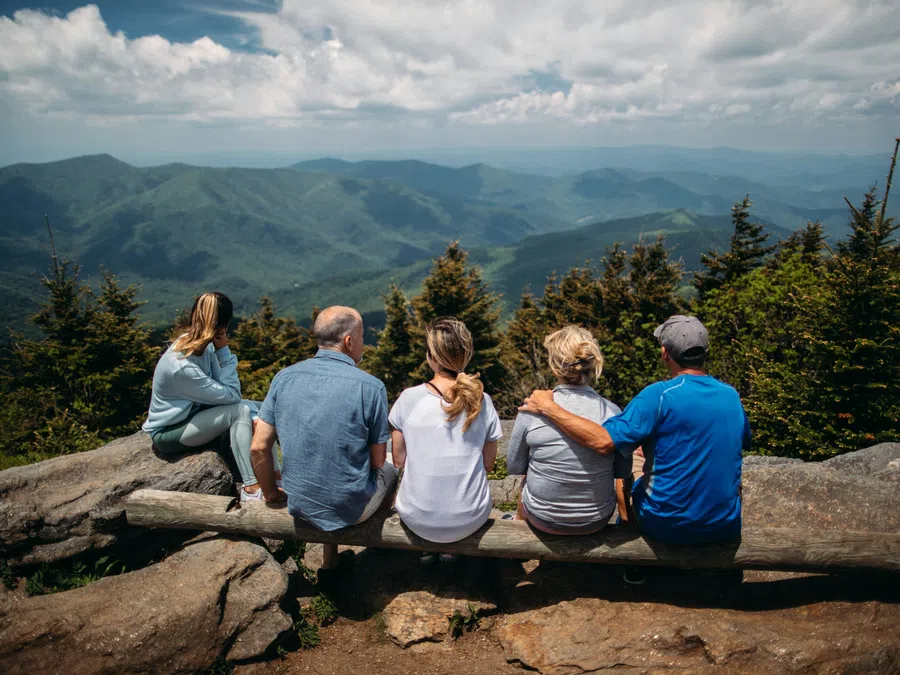 Group of people sitting on a log enjoying a mountain view under a partly cloudy sky.