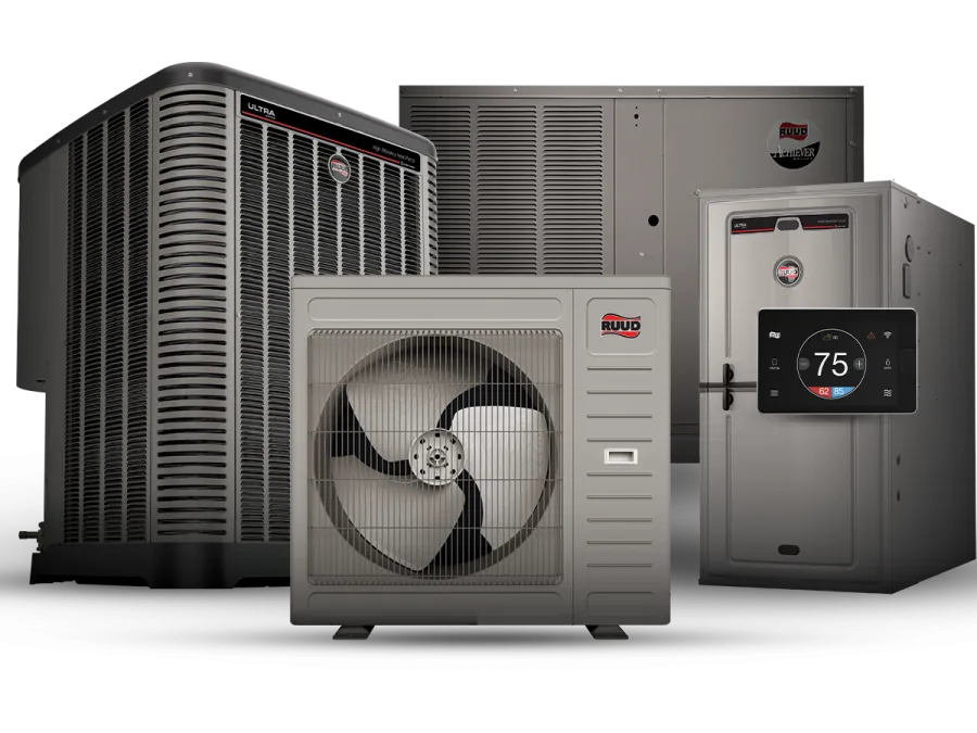 Set of modern Ruud HVAC units including air conditioners and a digital thermostat showing 75 degrees.