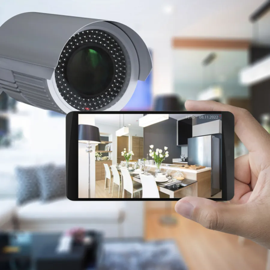 Indoor security camera monitoring a modern dining room displayed on a smartphone screen in a home setting.