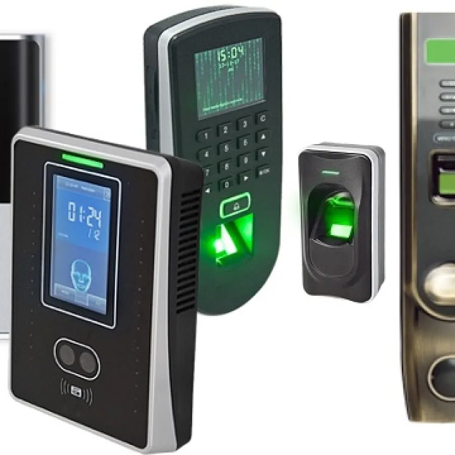 Various electronic access control devices including biometric fingerprint scanners and digital locks against white background.