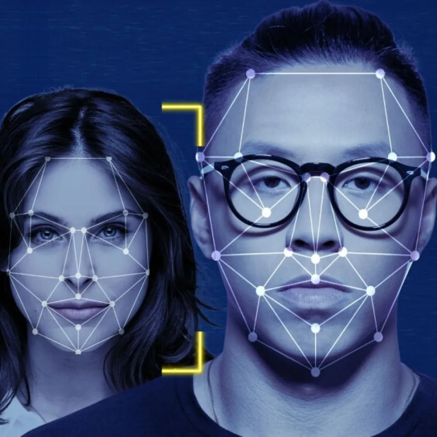 Three diverse individuals with facial recognition patterns overlayed on their faces against a blue background.