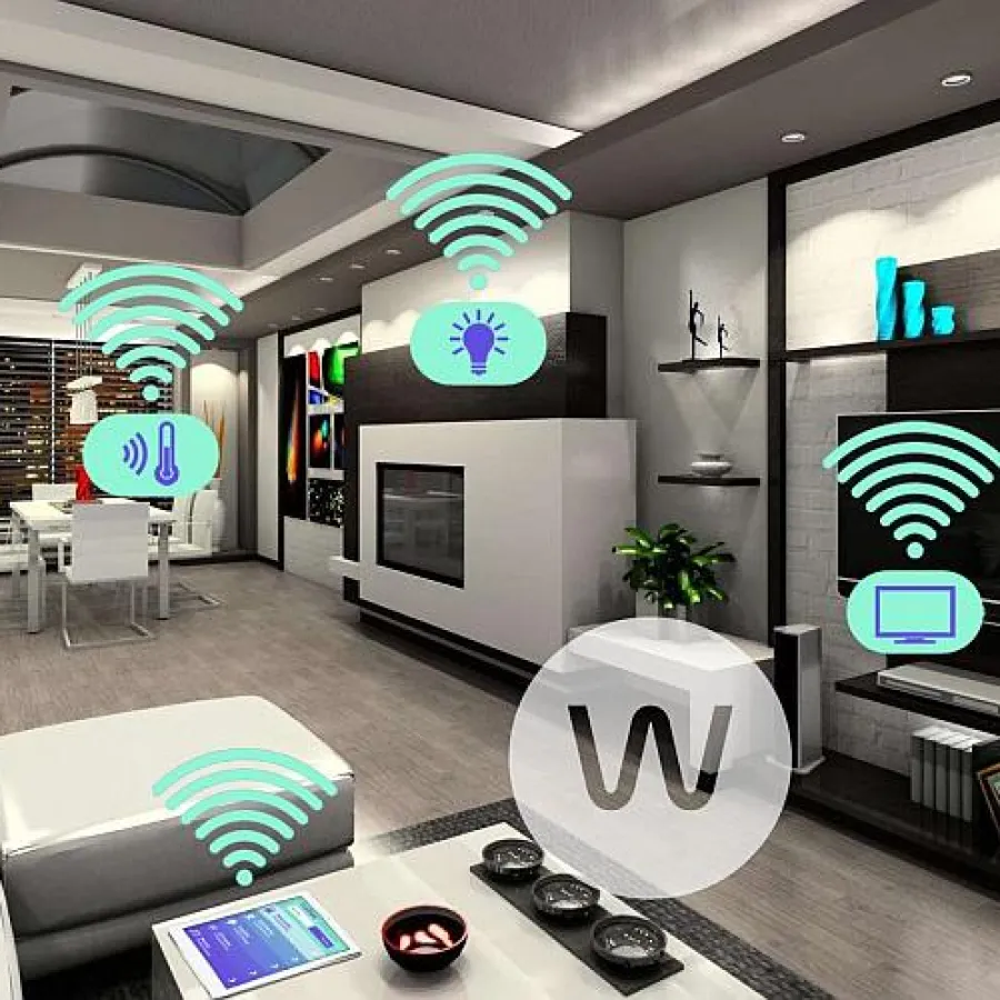 Modern living room with smart home technology icons indicating control of lighting, temperature, entertainment, and appliances.