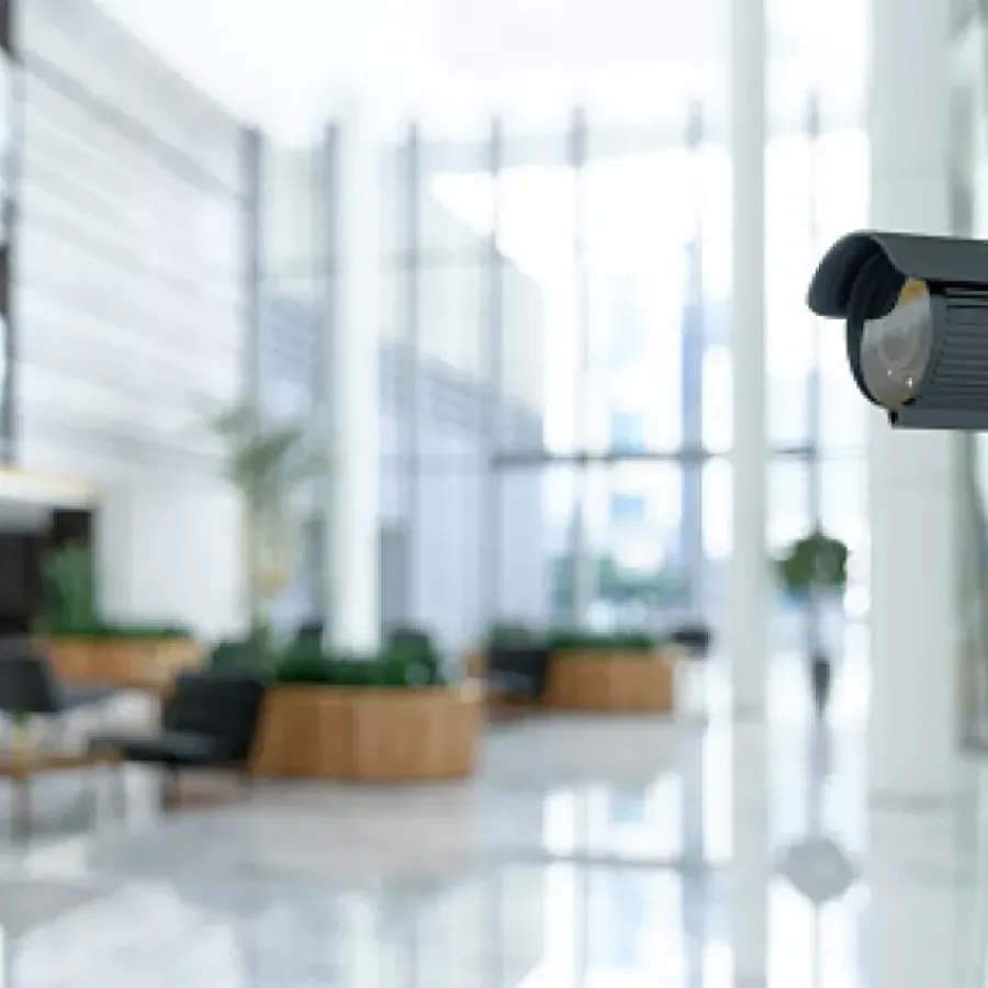 Black security camera mounted on wall inside modern office building lobby with glass walls and seating area.
