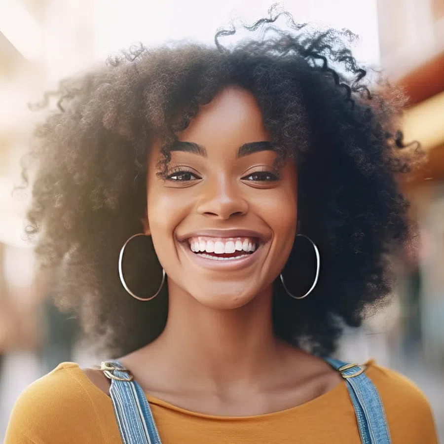 Smiling young woman with natural curly hair wearing hoop earrings and denim overalls outdoors.