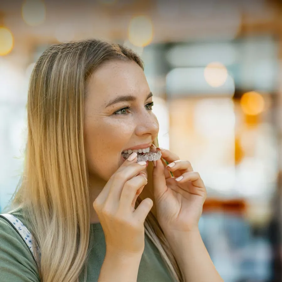Smiling young woman inserting clear dental aligners over her teeth indoors with warm lights in the background
