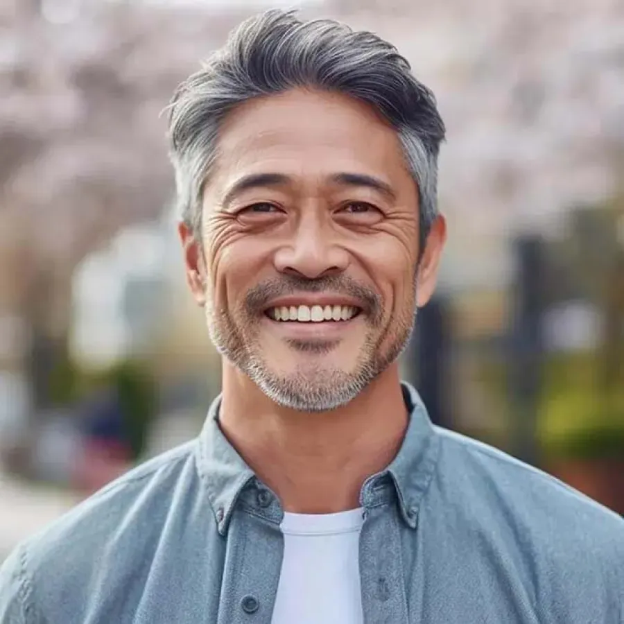 Smiling middle-aged Asian man with gray hair and beard wearing a blue shirt outdoors with blurred background.
