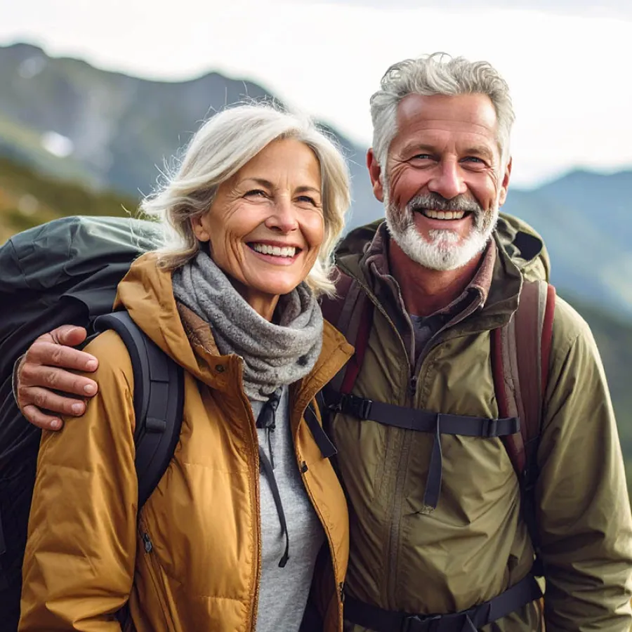 Smiling elderly couple wearing backpacks and jackets hiking in mountainous terrain with scenic background.