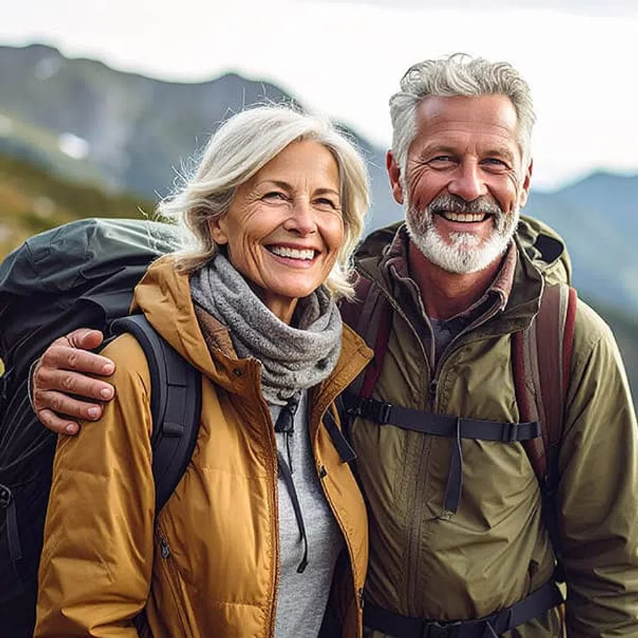 Smiling senior couple hiking outdoors wearing backpacks and jackets with mountains in the background