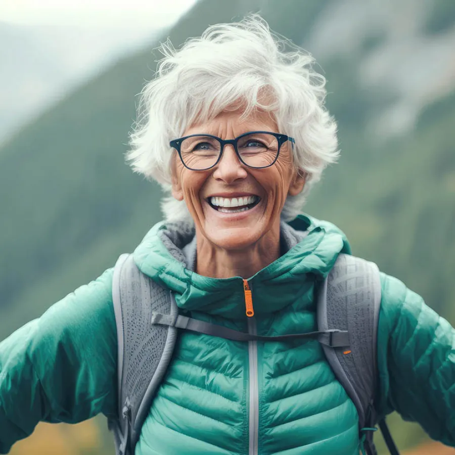 Smiling elderly woman with white hair and glasses wearing a green jacket and backpack in a mountain setting.