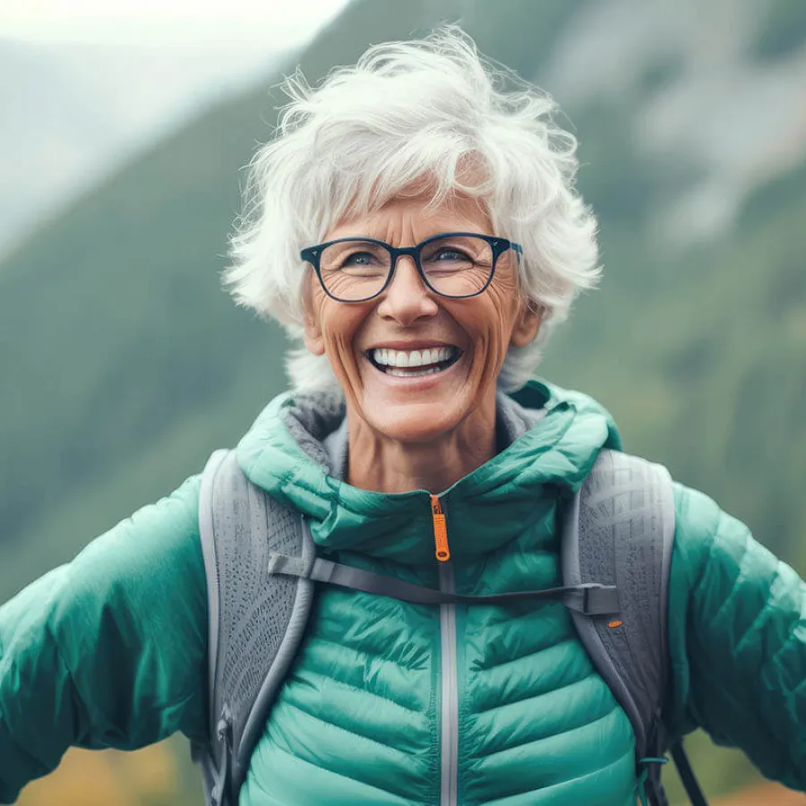 Smiling elderly woman with white hair and glasses wearing a green jacket and backpack in a mountain setting.