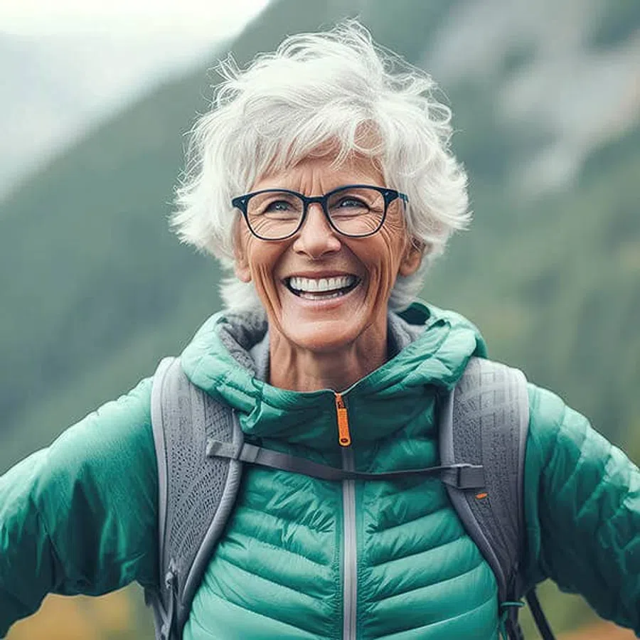 Smiling elderly woman with white hair and glasses wearing a green jacket and backpack in a mountain setting.