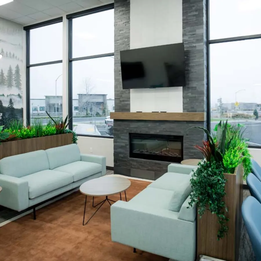 Modern waiting area with light blue sofas, plants, wood tables, fireplace, and large windows with outdoor view.