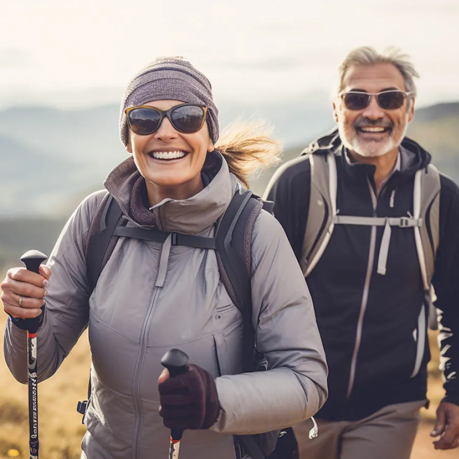 Smiling middle-aged couple hiking outdoors wearing sunglasses and backpacks with trekking poles in a mountainous area.