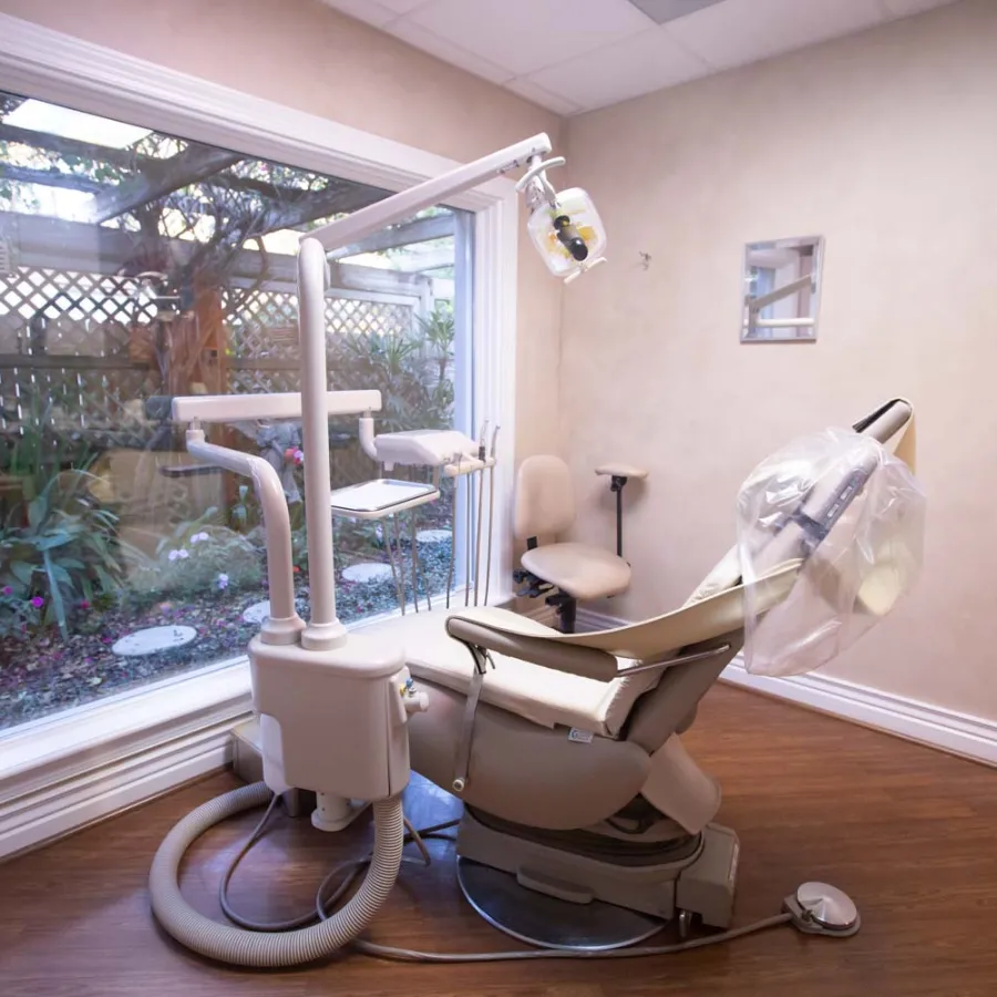 Modern dental clinic room with an adjustable dental chair next to a large window overlooking a garden.