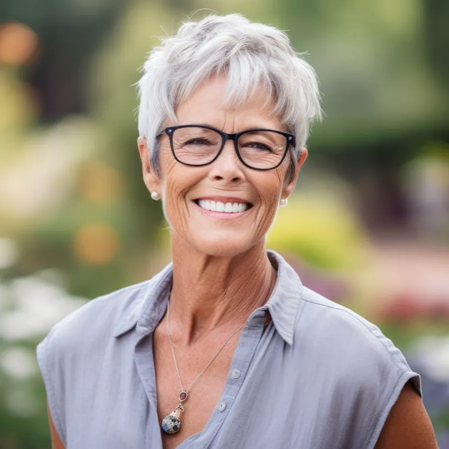 Smiling older woman with short white hair and glasses wearing a light gray shirt outdoors in soft focus background