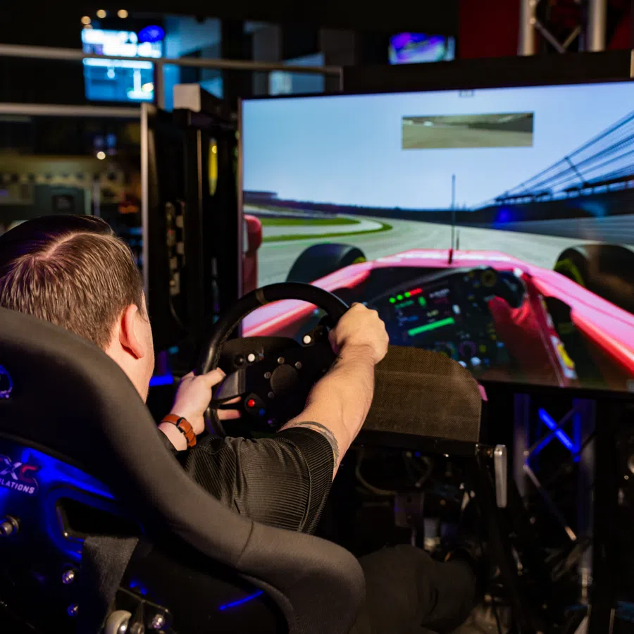 Person enjoying a realistic racing simulator, focused on the screen while steering a racing wheel.