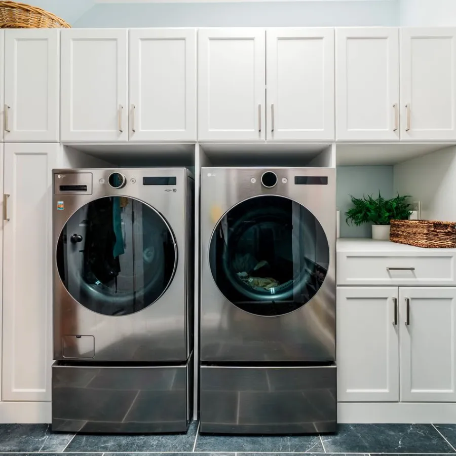 Modern laundry room with stainless steel washer and dryer, white cabinetry, wicker baskets, and decorative plant.