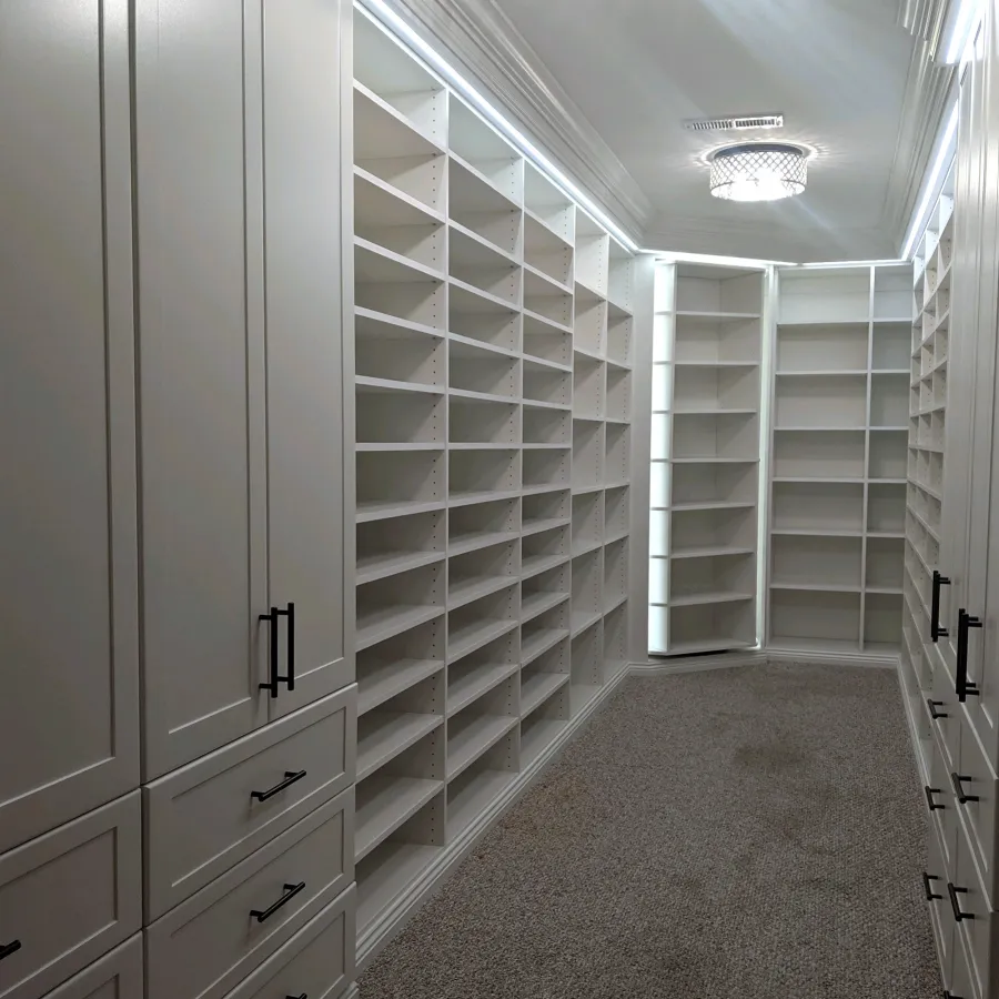 a room with white cabinets