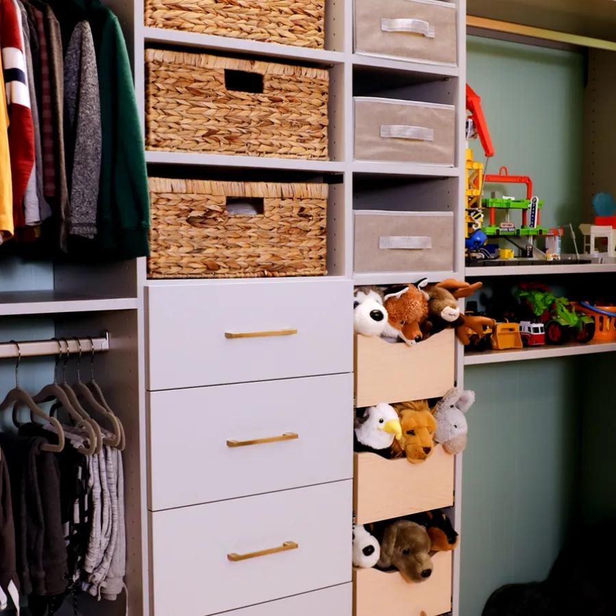 a closet full of stuffed animals