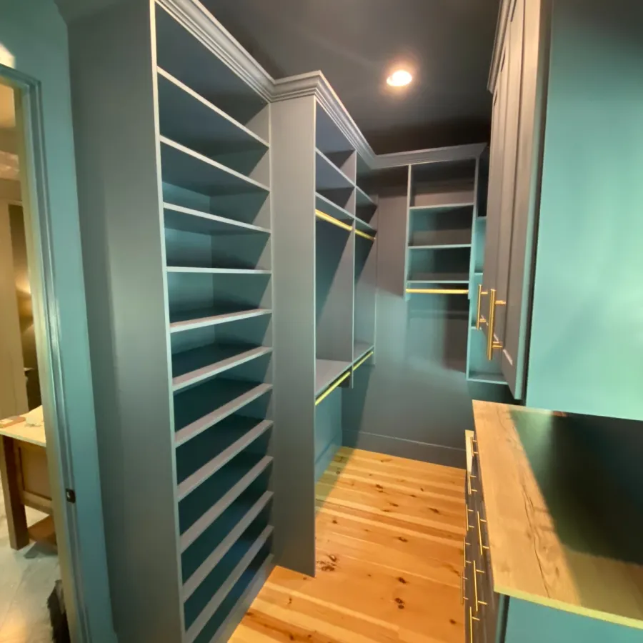 Interior view of an empty walk-in closet with blue shelves and light wooden floor under warm lighting.