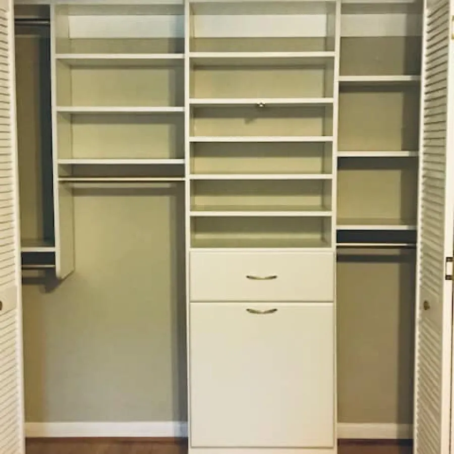 a white cabinet with glass doors