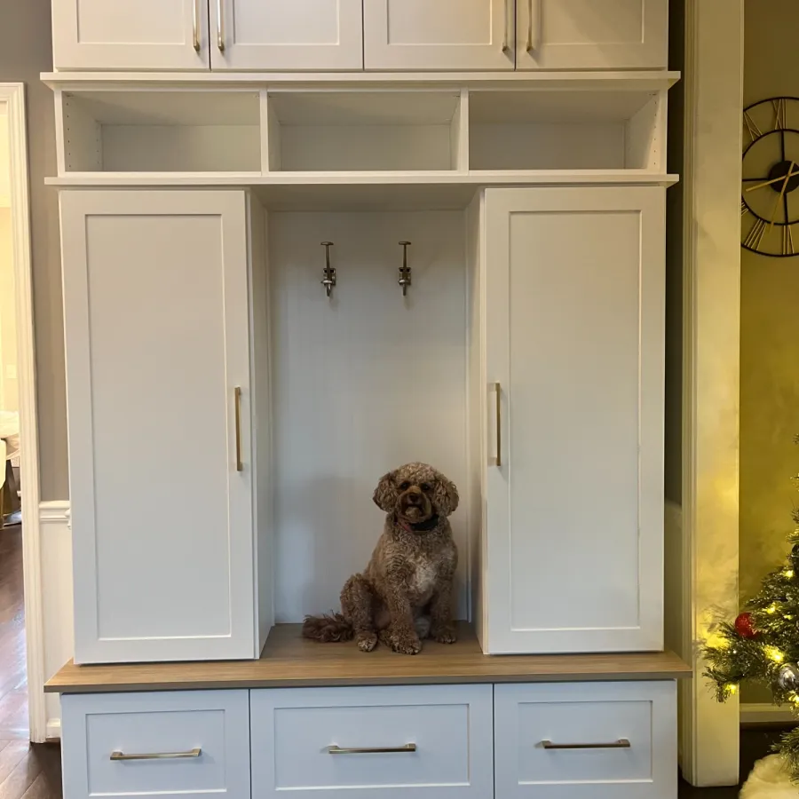 a white cabinet with a stuffed animal inside