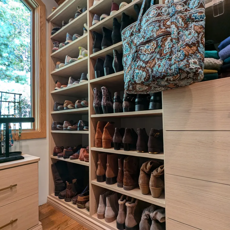 a shelf with shoes and shoes