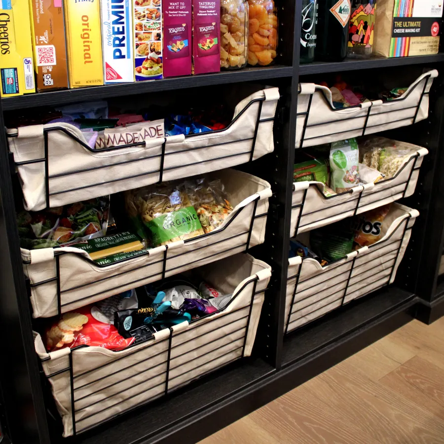 a shelf with food and drinks