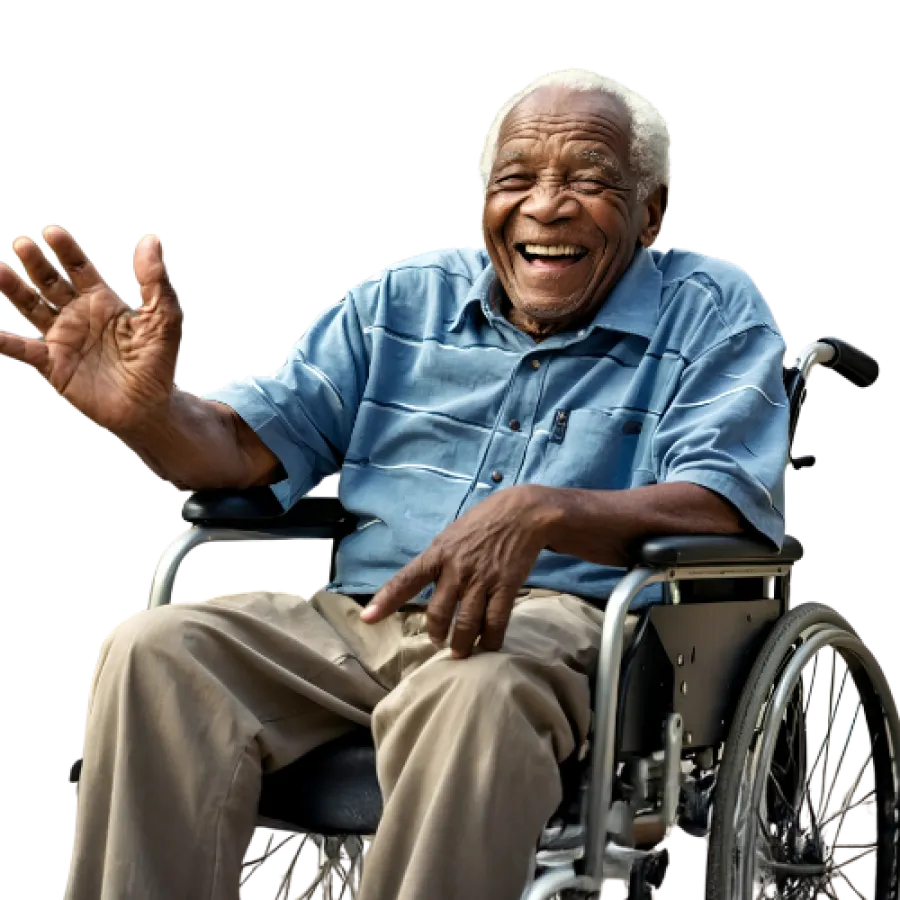 Smiling elderly man in a wheelchair, waving cheerfully, showcasing joy and accessibility.