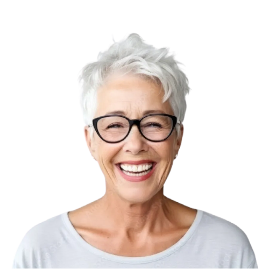 a person with white hair and glasses