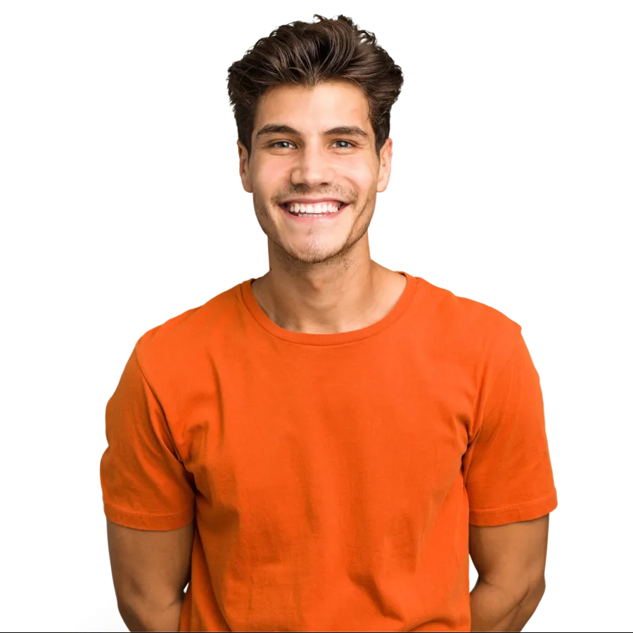 a man wearing an orange shirt