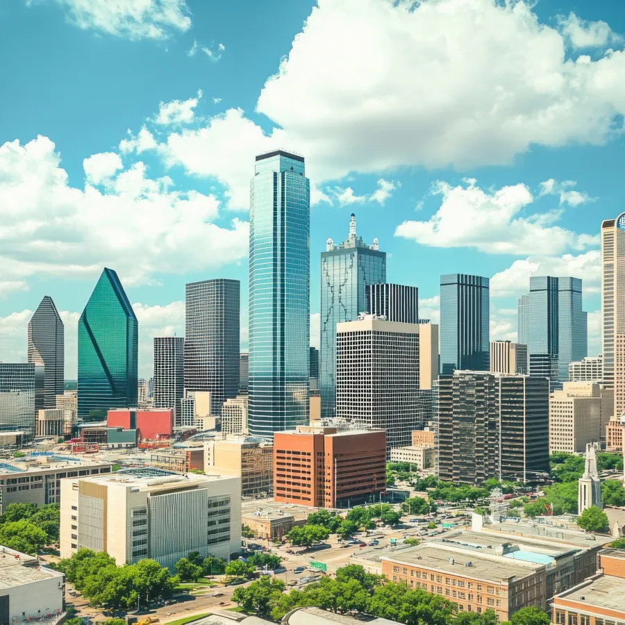 Clear daytime view of Dallas city skyline with modern skyscrapers under a blue sky with white clouds