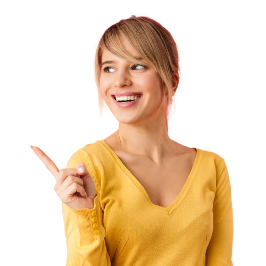 a woman smiling and pointing