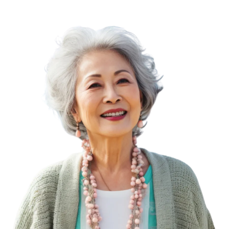 Smiling elderly woman wearing a cozy cardigan and decorative necklace against a transparent background.
