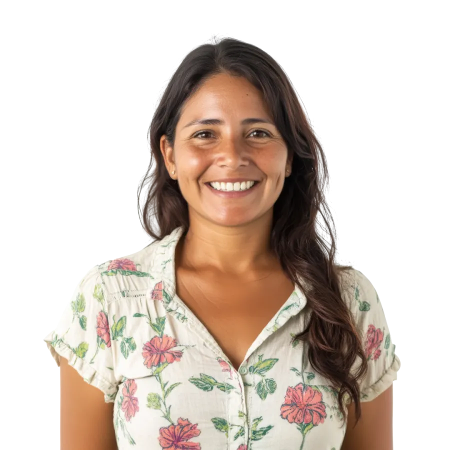 Smiling woman with long dark hair wearing a white floral short-sleeve blouse on a transparent background