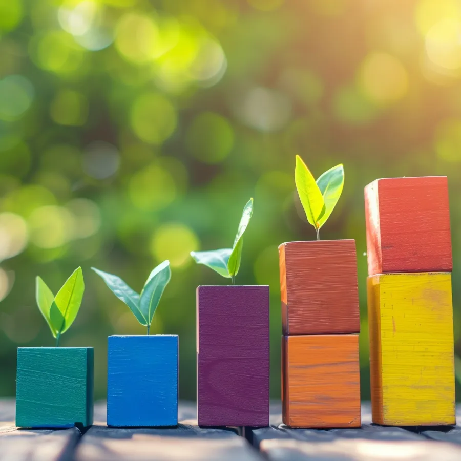 Colorful wooden blocks stacked in increasing height with green leaves sprouting, symbolizing growth and progress.