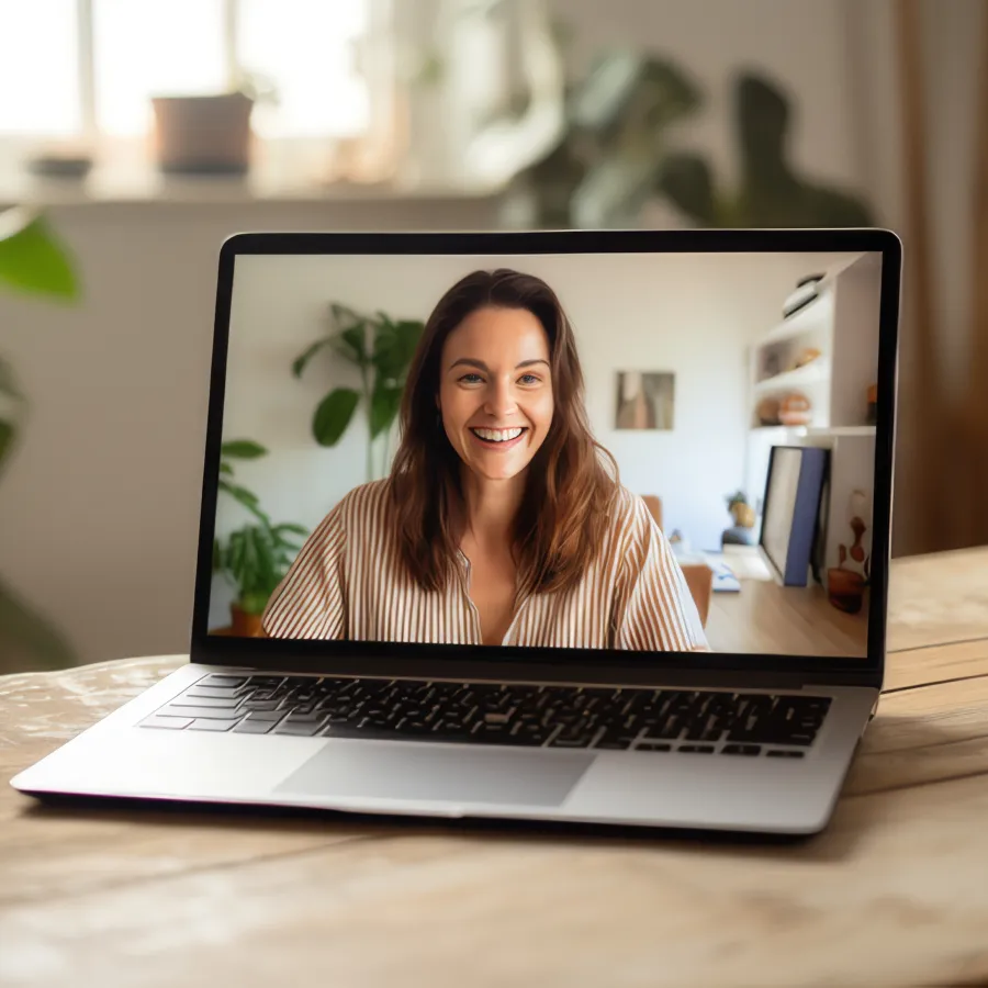 Smiling woman video chatting on laptop placed on wooden table with plants in a cozy room.