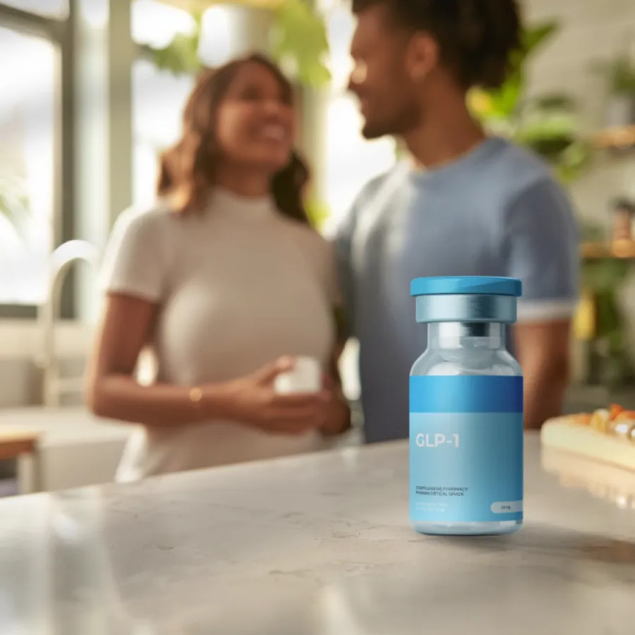 GLP-1 supplement vial on kitchen counter with smiling couple in background enjoying healthy lifestyle
