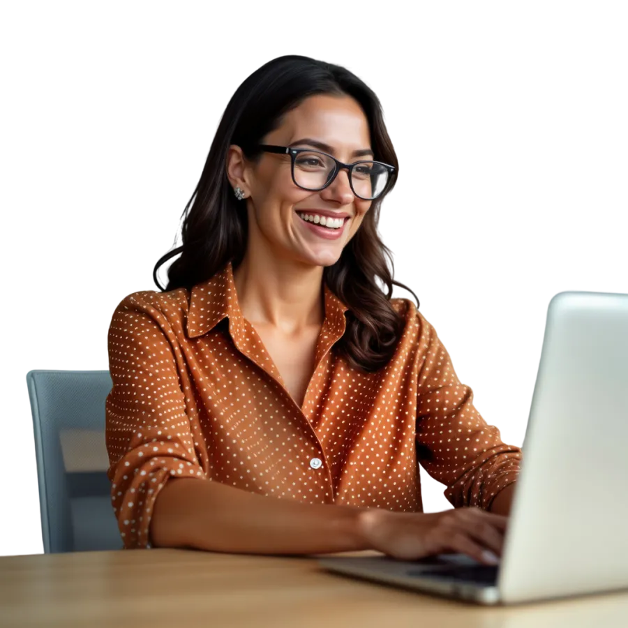 Smiling woman with glasses in orange polka dot shirt working on laptop at wooden desk indoors