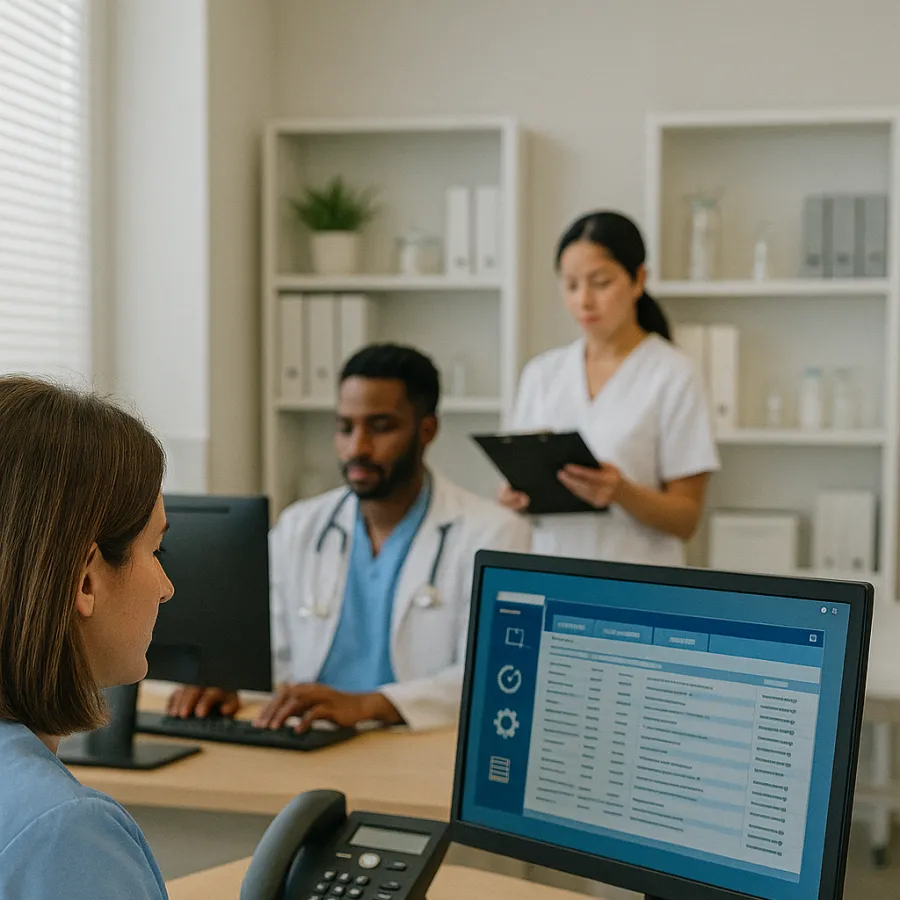 Medical staff working on computers and reviewing charts in a bright healthcare office environment.