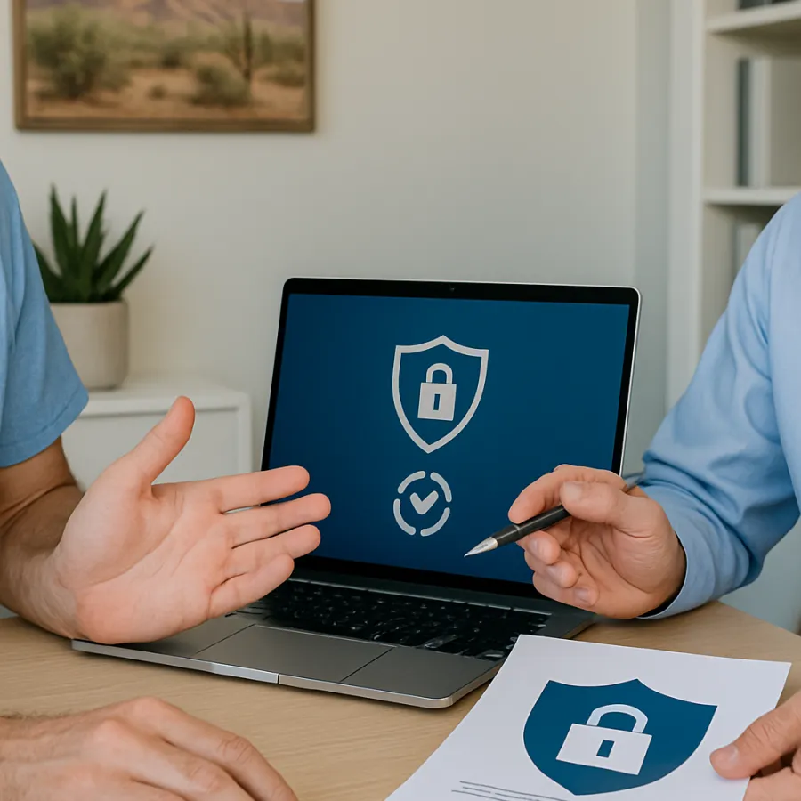 Two people discussing health data security with a laptop and paper showing a lock shield symbol.