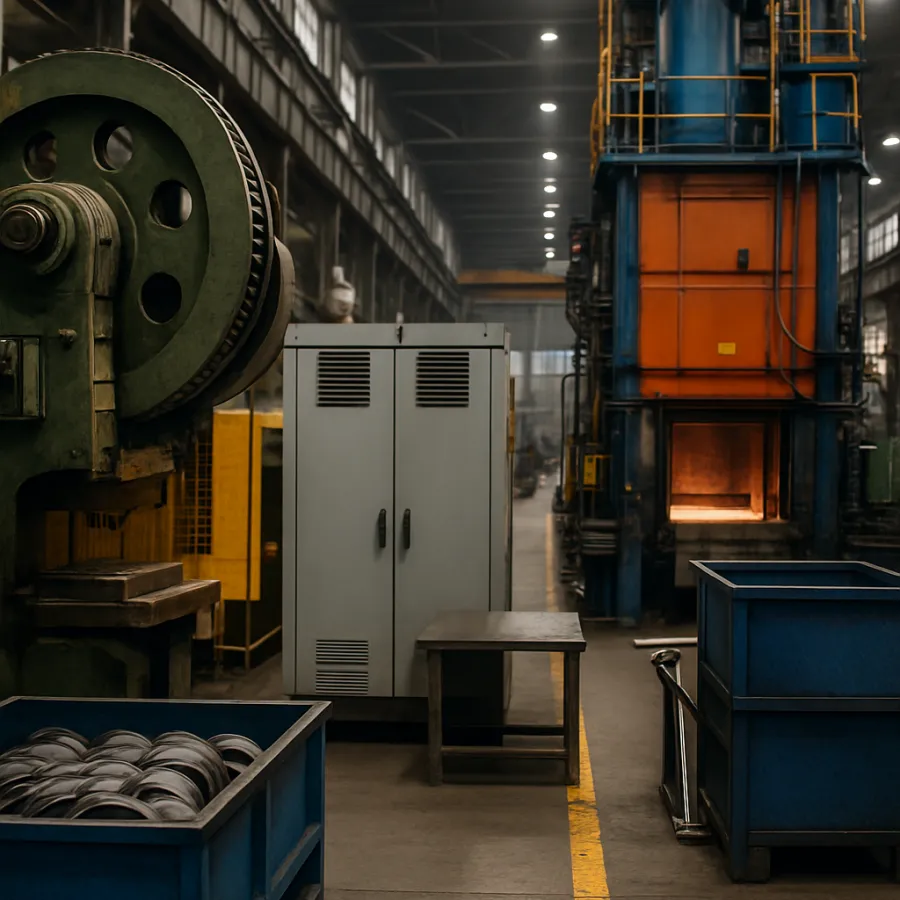 Industrial factory interior with large machinery, bins of metal parts, and a glowing orange furnace in the background.