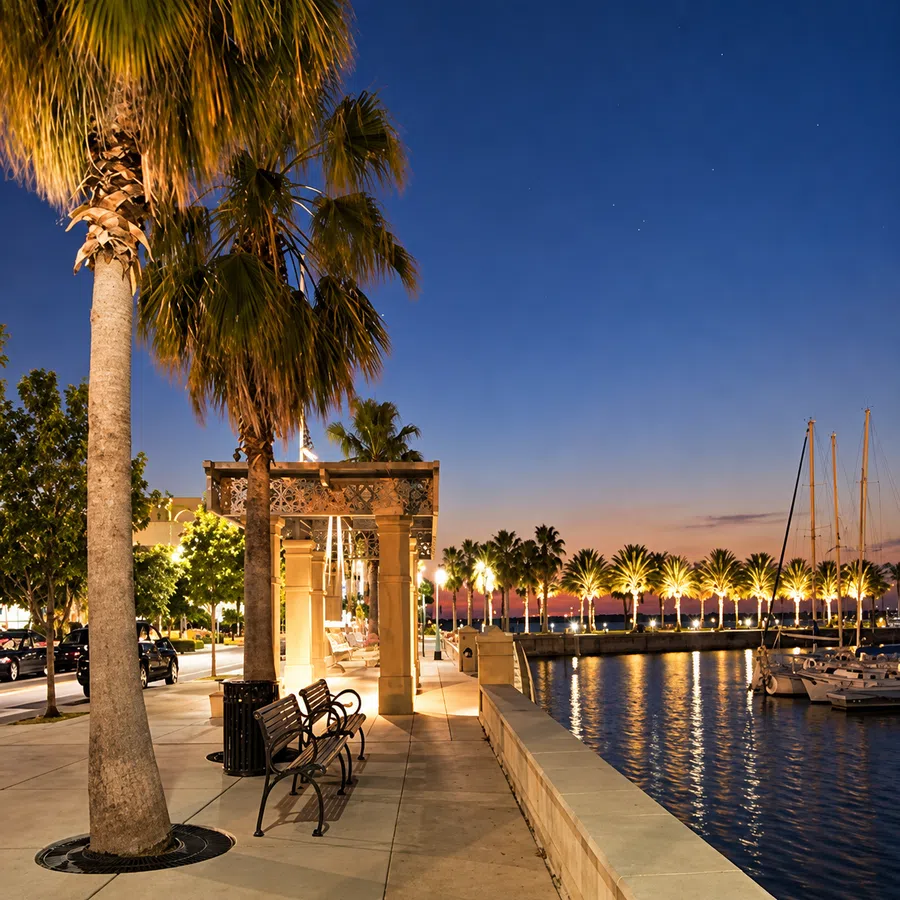 Evening waterfront promenade with palm trees, benches, sailboats, and lit walkway under a twilight sky.