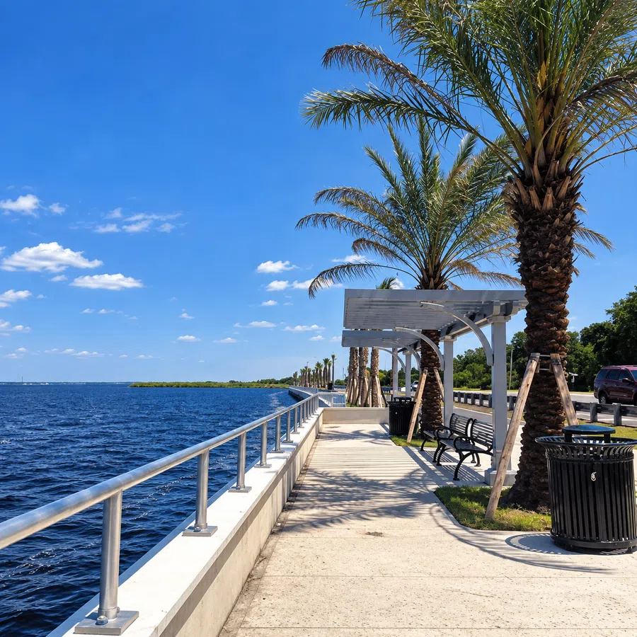 Waterfront promenade with palm trees, benches, metal railings, and a clear blue sky on a sunny day.