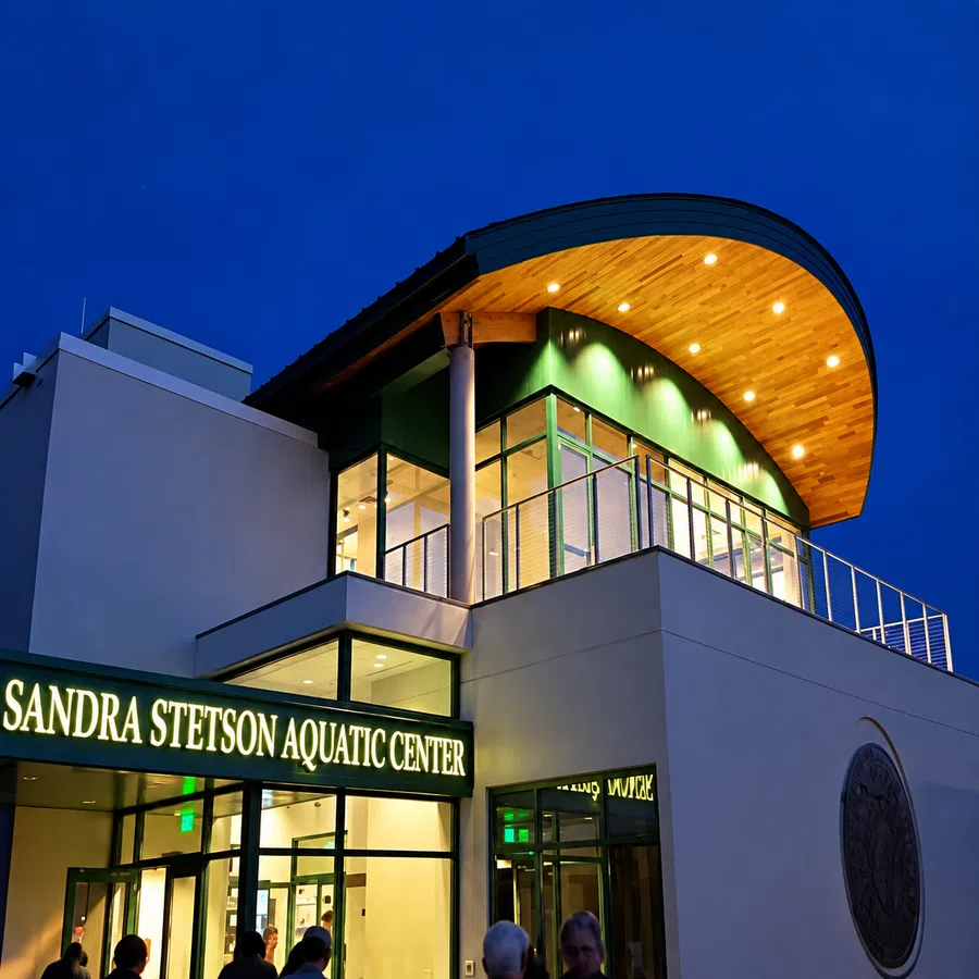 Modern Sandra Stetson Aquatic Center building illuminated at dusk with curved wooden roof and glass walls.
