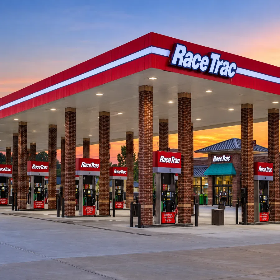 RaceTrac gas station with multiple fuel pumps and canopy at sunset under a colorful sky.
